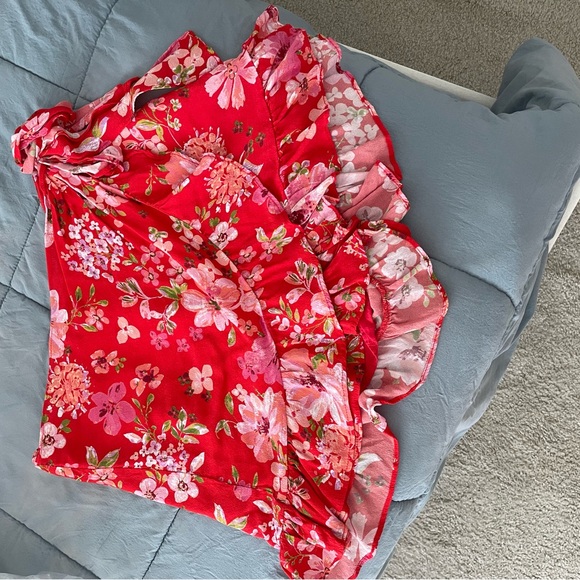 Red Multi Floral Print Ruffled Side-Tie Skort - Picture 5 of 6